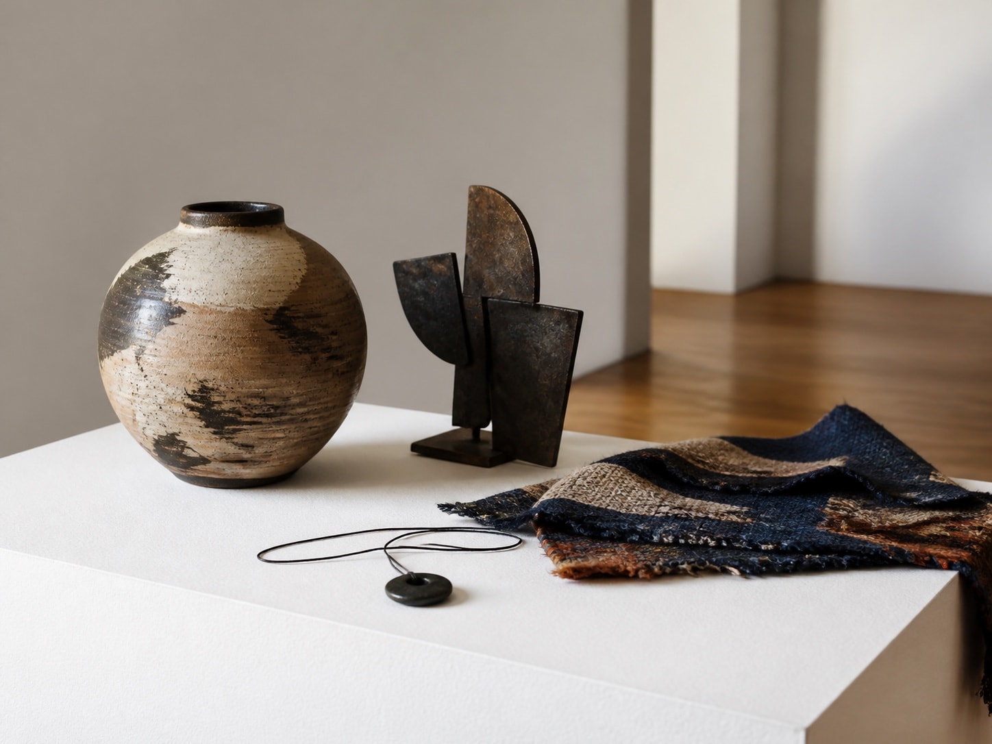 Ceramic, metal, fiber, and jewelry craft objects arranged on a white gallery plinth