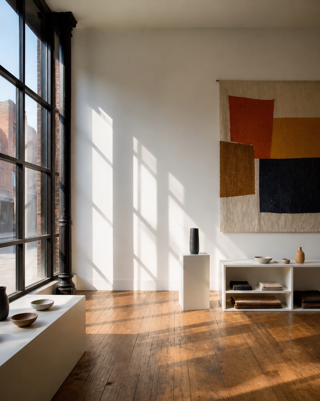 Tall white wall, worn hardwood floor, dark window frame, and simple gallery displays
