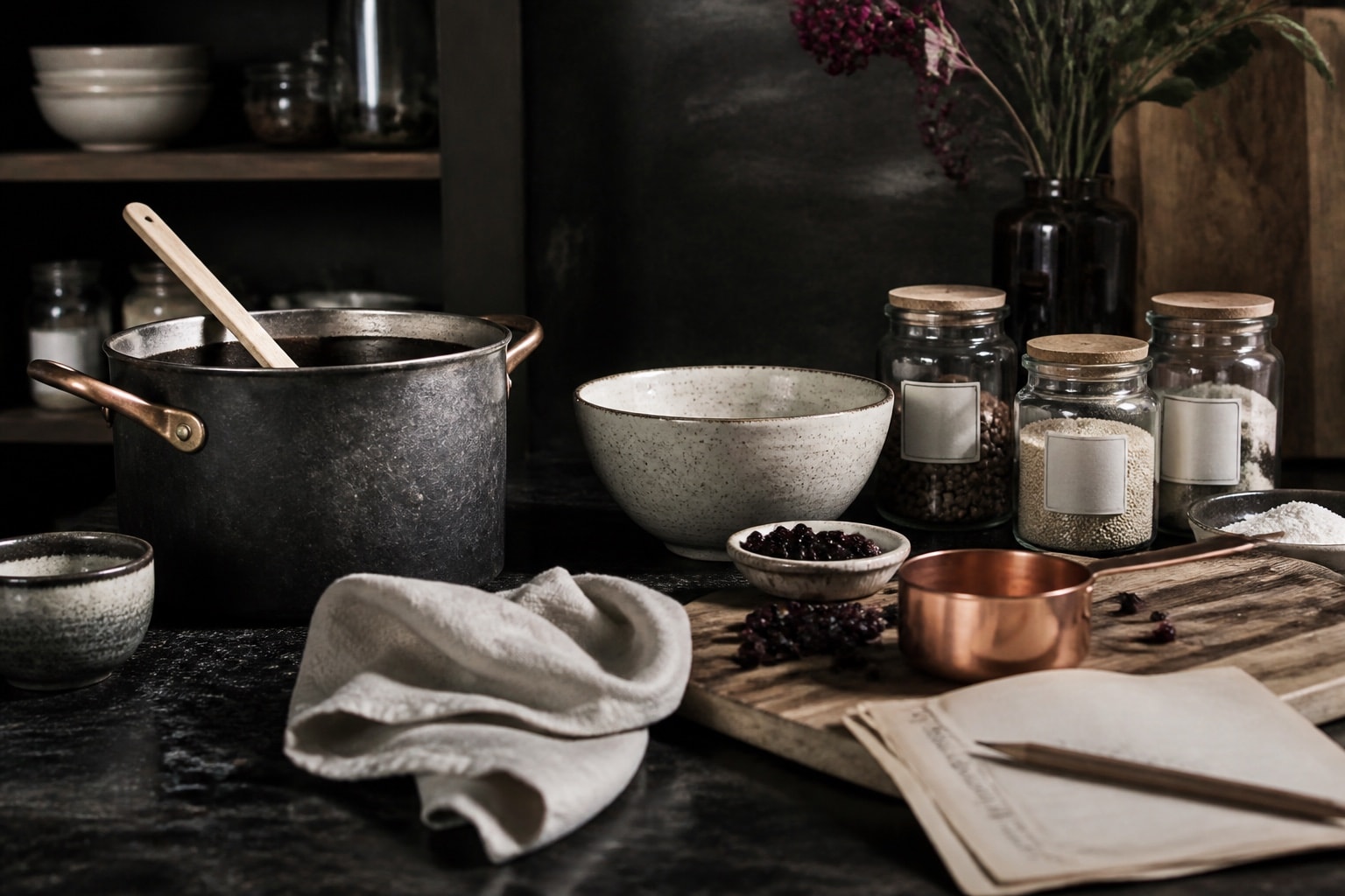 Unbranded cookware, pantry jars, a ceramic bowl, and linen arranged on a wooden worktable