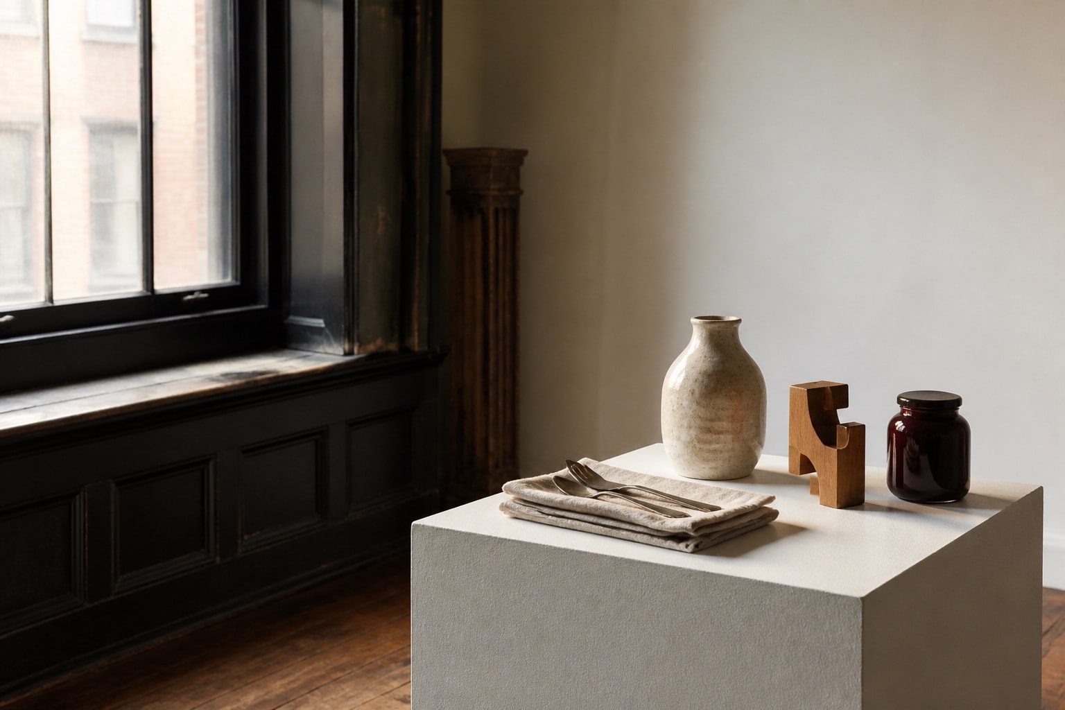 Gallery-like still life of linen, tabletop pieces, craft, and pantry objects on warm wood