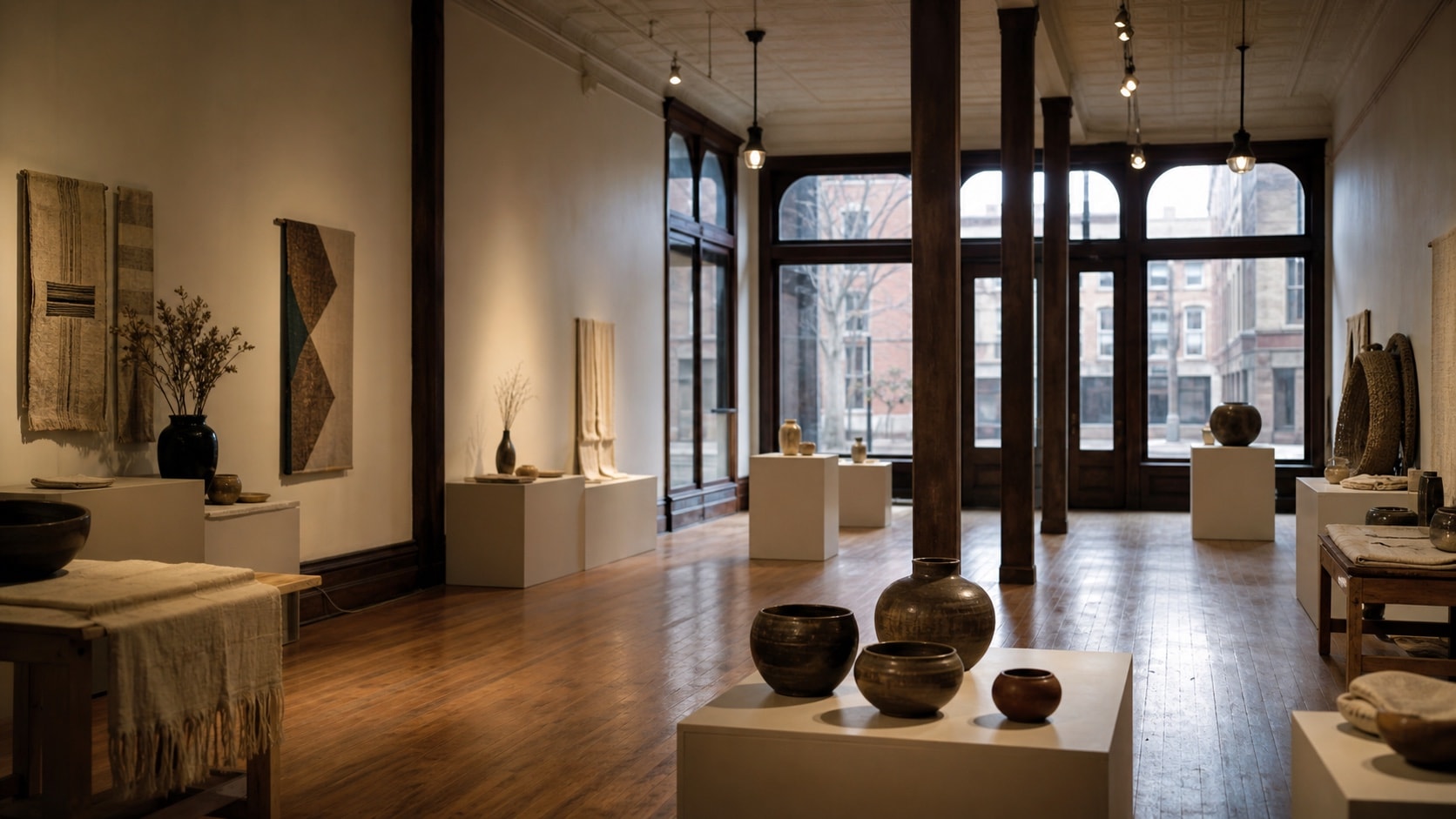 Historic gallery-like shop interior with high walls, hardwood floors, and curated displays