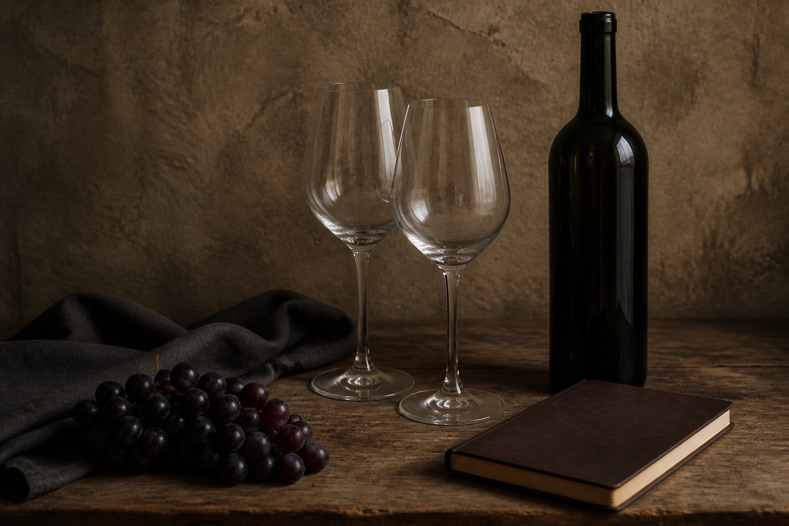 Empty tasting glasses, an unlabelled bottle, a closed notebook, grapes, and linen on wood